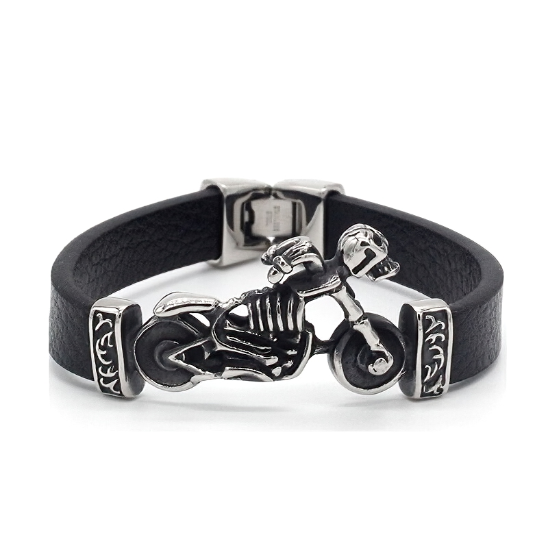 Vintage stainless steel motorcycle skull charm leather bracelet for stylish bikers, perfect for any biker outfit.