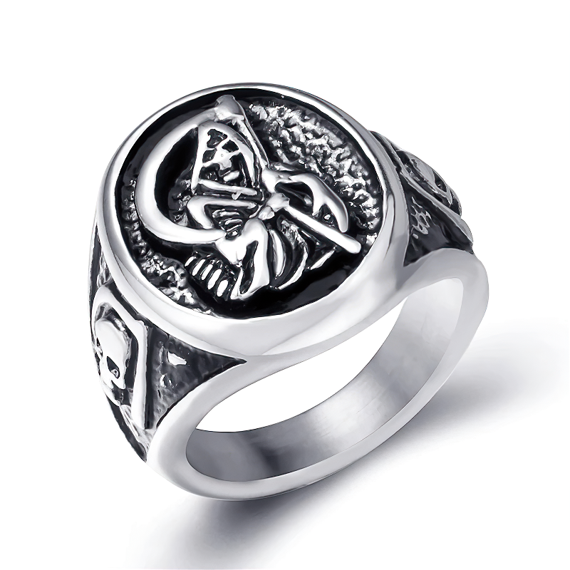 Vintage stainless steel reaper skull ring featuring an intricate death scythe design, perfect for Gothic style lovers.