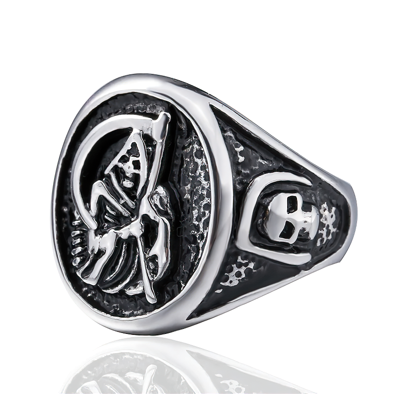 Vintage stainless steel reaper skull ring, unisex Gothic jewelry with intricate skull and scythe design.