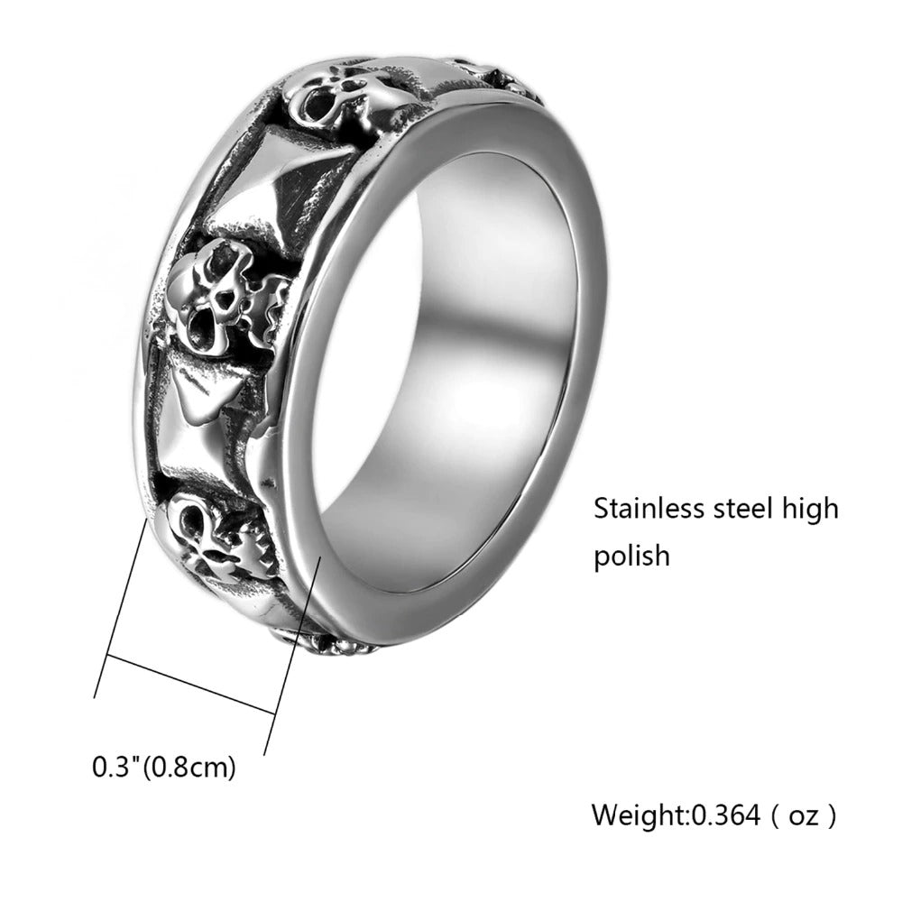 Vintage Style Gothic Stainless Steel Ring with Skulls / Biker Silver Color Tone Skull Rings - HARD'N'HEAVY