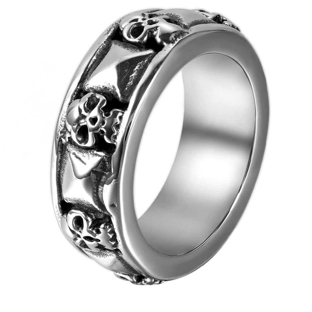 Vintage Style Gothic Stainless Steel Ring with Skulls / Biker Silver Color Tone Skull Rings - HARD'N'HEAVY