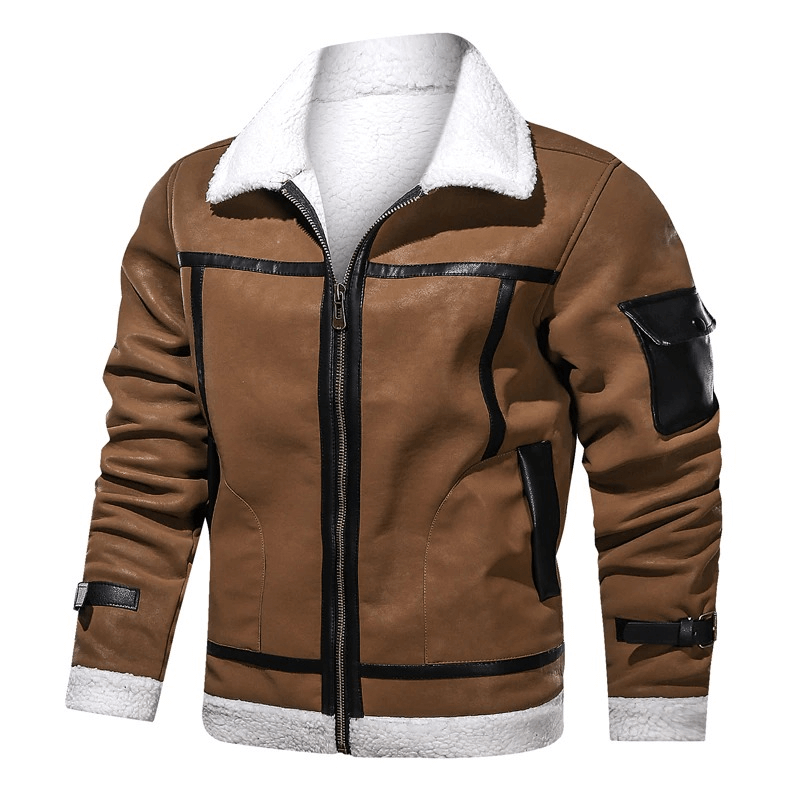 Vintage Turn-down Collar Zipper Leather Jackets / Motorcycle Men's Jackets with Pocket on Sleeve