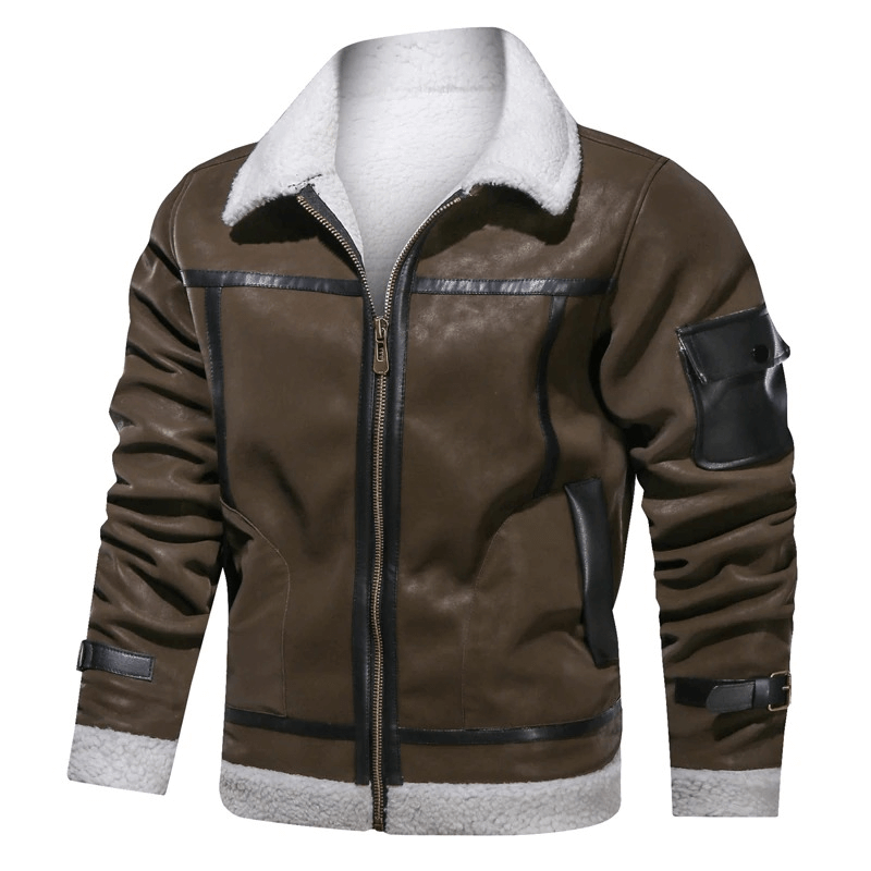Vintage men's leather jacket with turn-down collar, zipper front, and pocket on sleeve for a stylish motorcycle look.