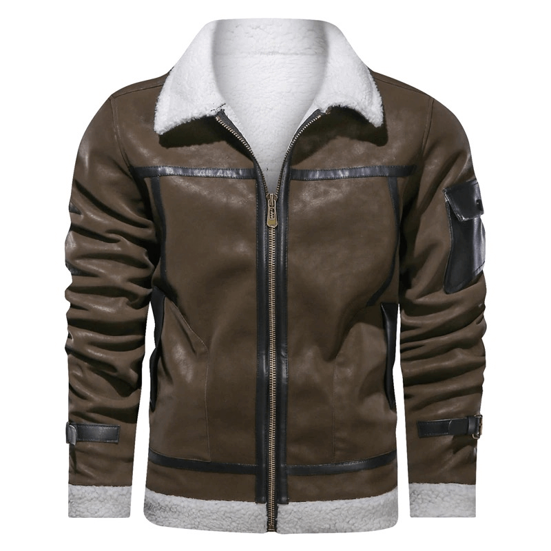Stylish men's vintage leather jacket with turn-down collar and sleeve pocket, ideal for motorcycle enthusiasts.
