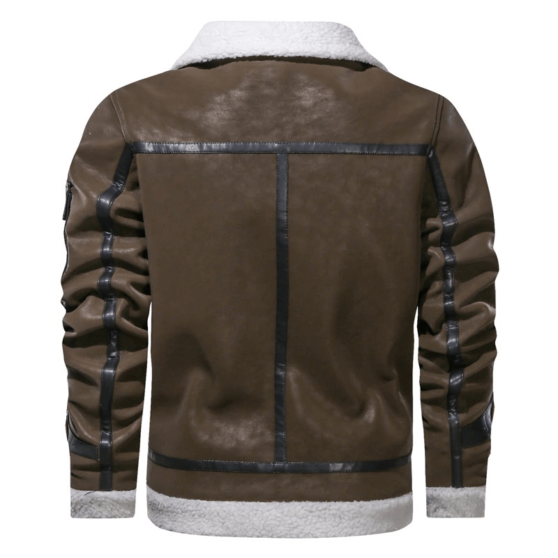 Men's vintage leather motorcycle jacket with turn-down collar and stylish design, featuring a cozy shearling lining.