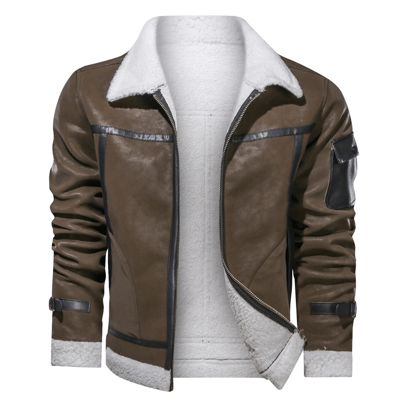 Vintage motorcycle leather jacket with turn-down collar and sleeve pocket for men.