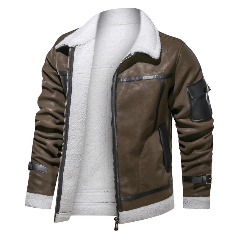 Vintage men’s leather motorcycle jacket with turn-down collar and sleeve pocket.