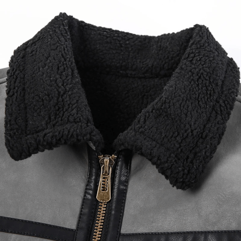 Vintage leather jacket with turn-down collar and cozy fleece lining, perfect for stylish motorcycle rides.