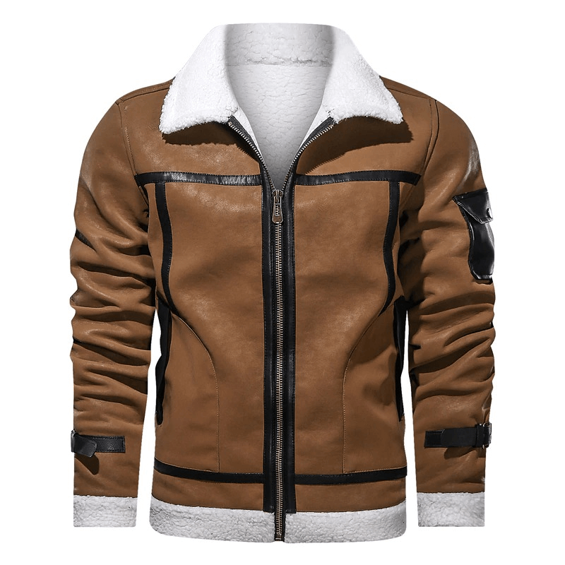 Men's vintage turn-down collar leather jacket with a fur lining and zippered front, featuring a stylish pocket on the sleeve.