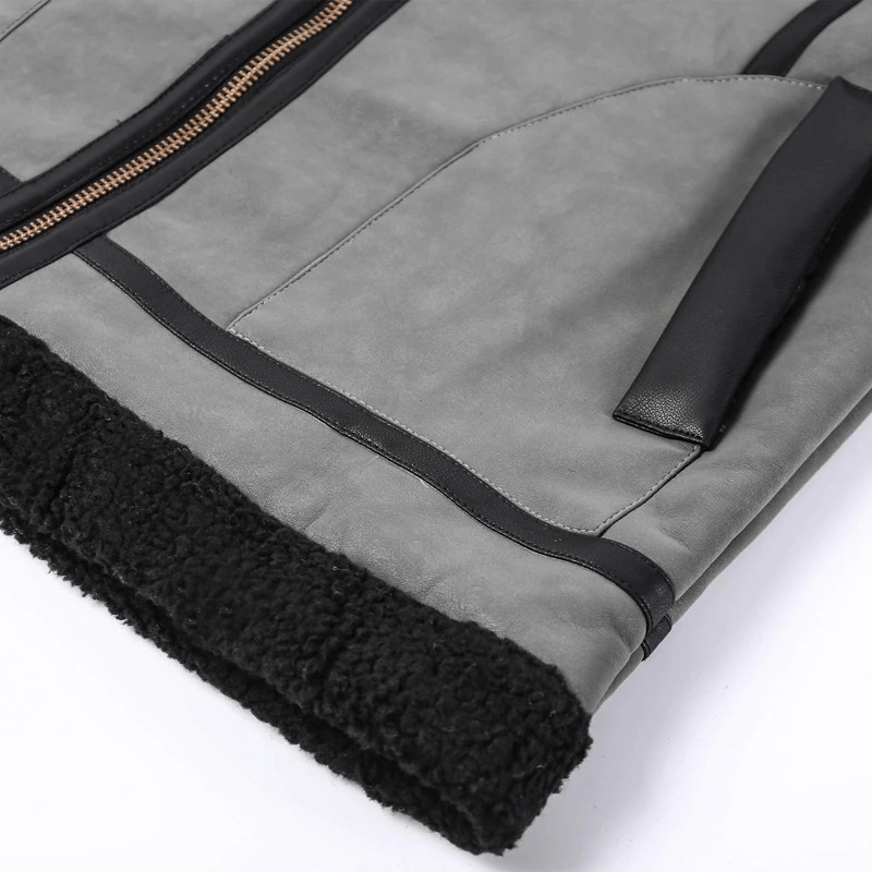 Close-up of vintage grey leather jacket featuring a zipper, textured hem, and sleeve pocket for men's motorcycle style.