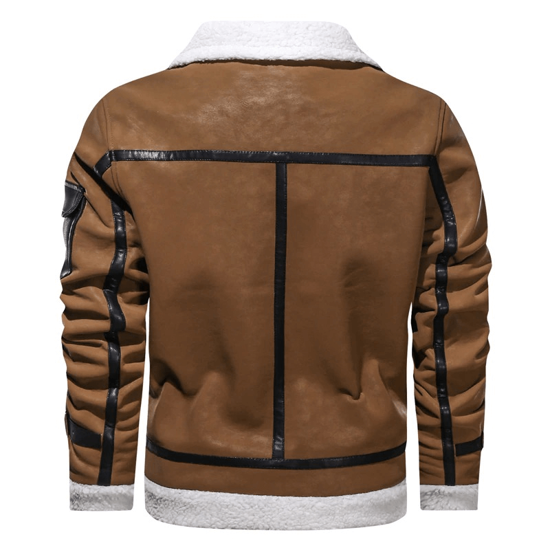 Back view of a vintage brown leather motorcycle jacket with shearling collar and stylish black accents.