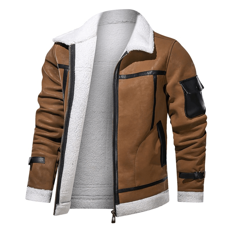 Vintage brown leather motorcycle jacket with shearling collar and pocket on sleeve for men.