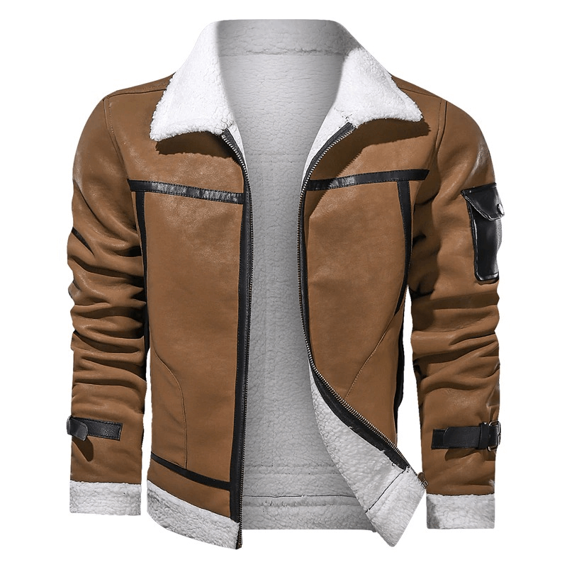 Stylish vintage men's leather jacket with turn-down collar and sleeve pocket, perfect for motorcycle fashion.