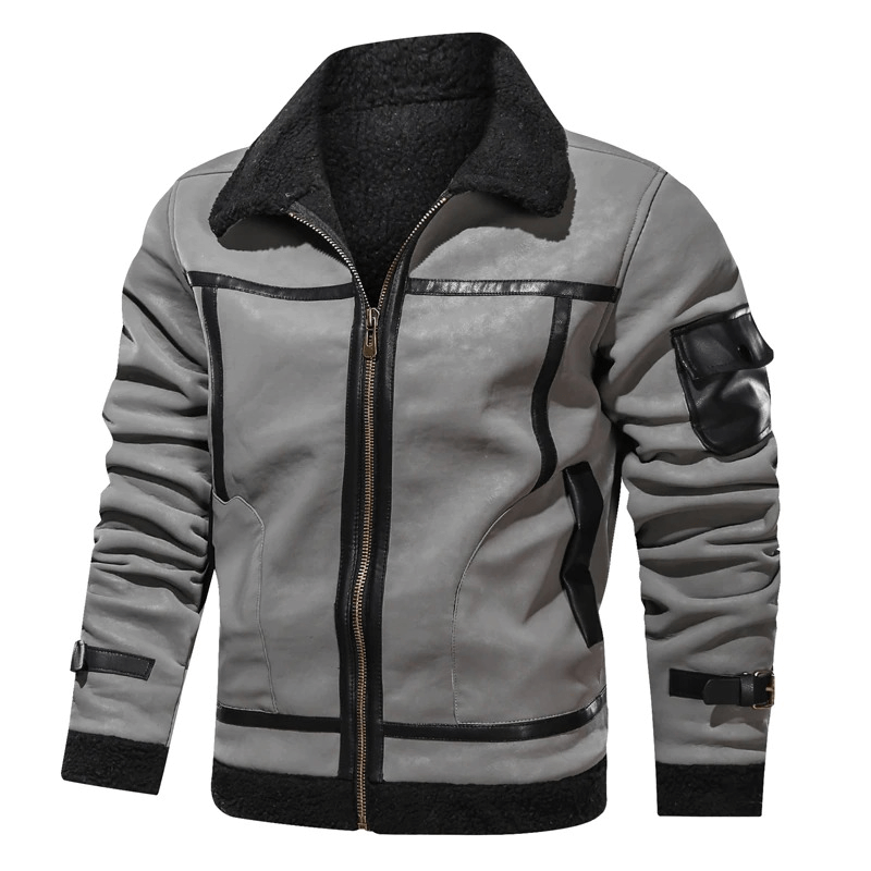Men's vintage turn-down collar leather motorcycle jacket with zipper and sleeve pocket.