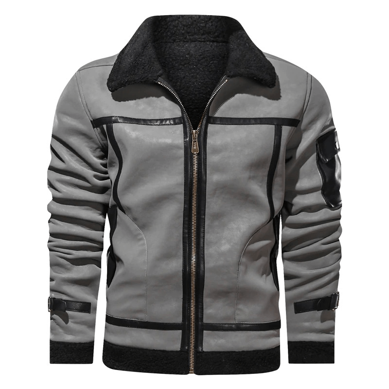 Vintage men's leather motorcycle jacket with turn-down collar and pocket on sleeve, perfect for stylish riders.