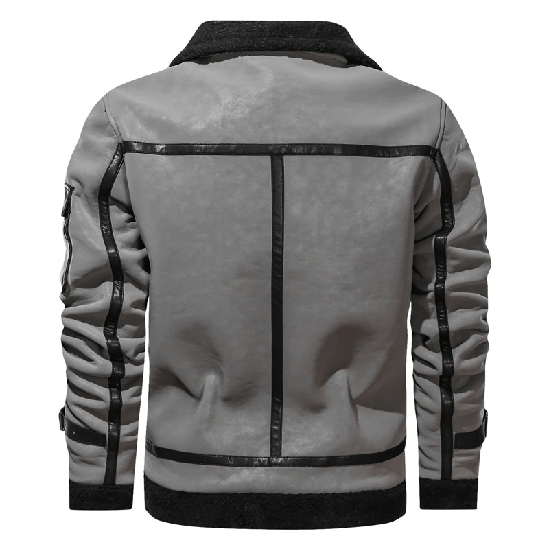 Back view of a stylish vintage men's leather jacket with turn-down collar and sleeve pocket, perfect for motorcycle enthusiasts.
