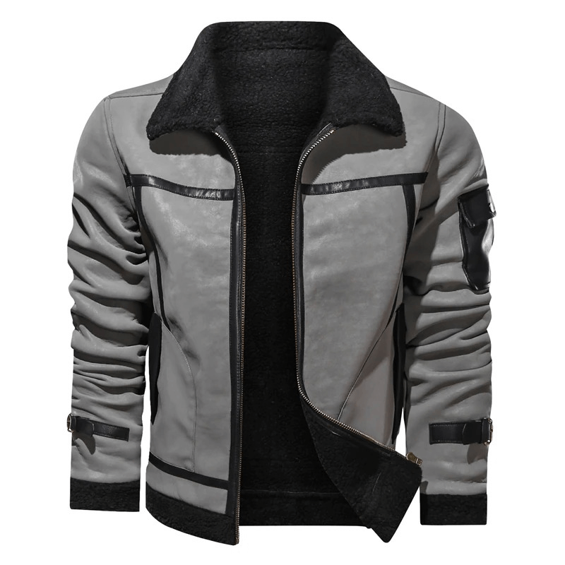 Vintage motorcycle leather jacket with turn-down collar and sleeve pocket, stylish men's outerwear.