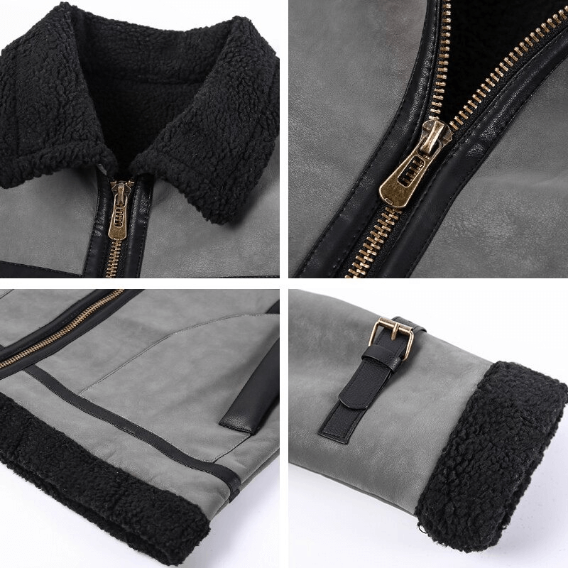 Close-up of vintage leather jacket features including turn-down collar, zipper, and sleeve pocket.