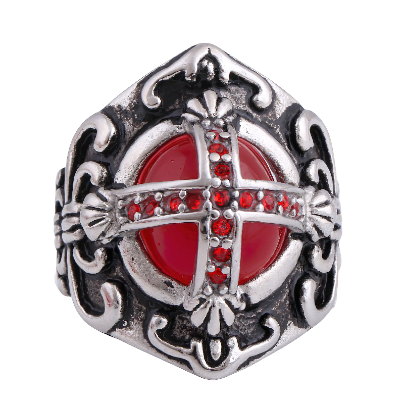 Vintage Unique Red Crystal Ring / Antique Cross Jewelry For Women - HARD'N'HEAVY