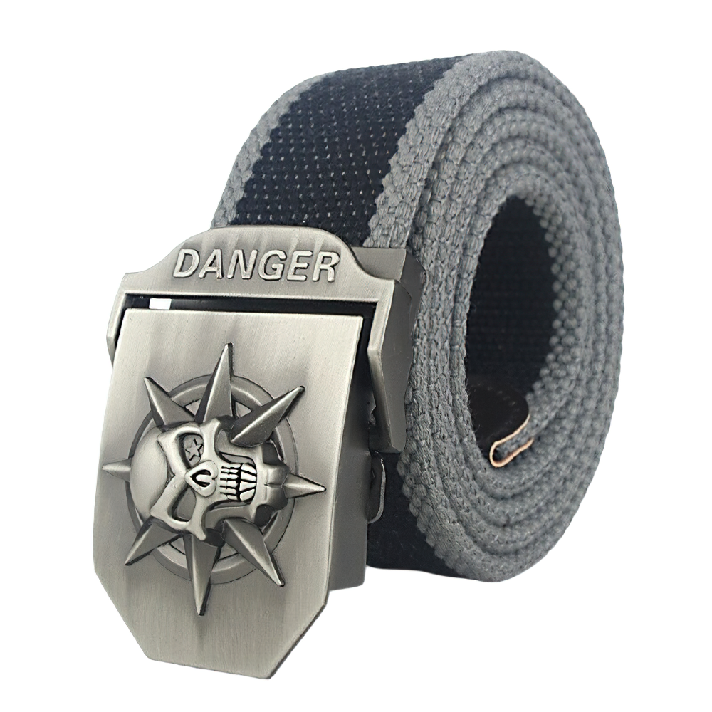 Unisex punk canvas belt with skull buckle and 'DANGER' engraving, perfect for edgy fashion enthusiasts.