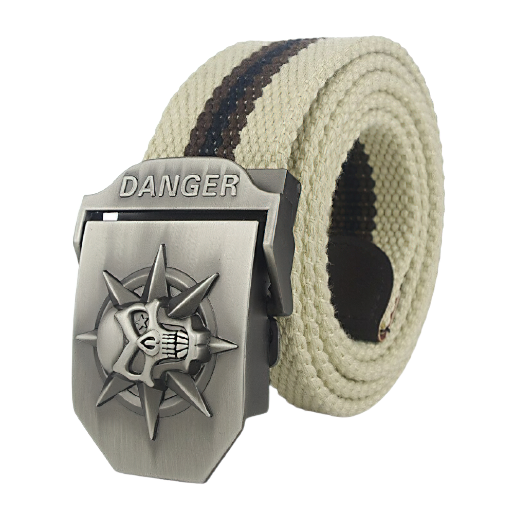 Vintage unisex canvas belt with skull buckle and 'Danger' detail, perfect for punk style fashion.