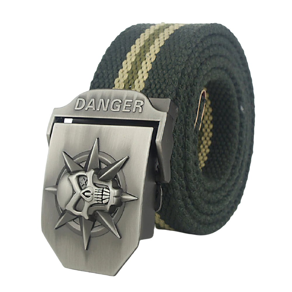 Vintage unisex canvas belt with skull buckle and 'DANGER' text, perfect for punk fashion lovers.