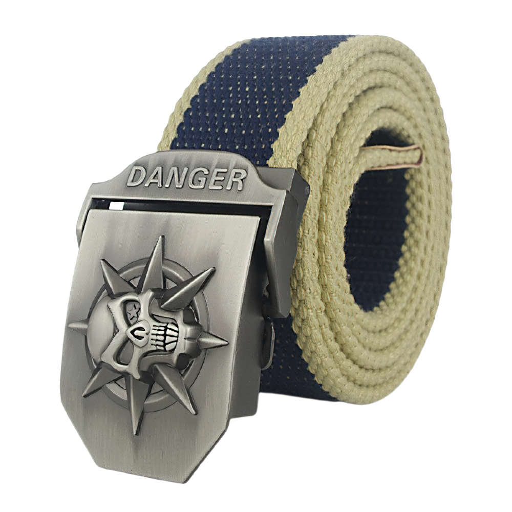 Vintage unisex canvas belt with punk skull buckle and 'DANGER' engraving for a bold accessory look.