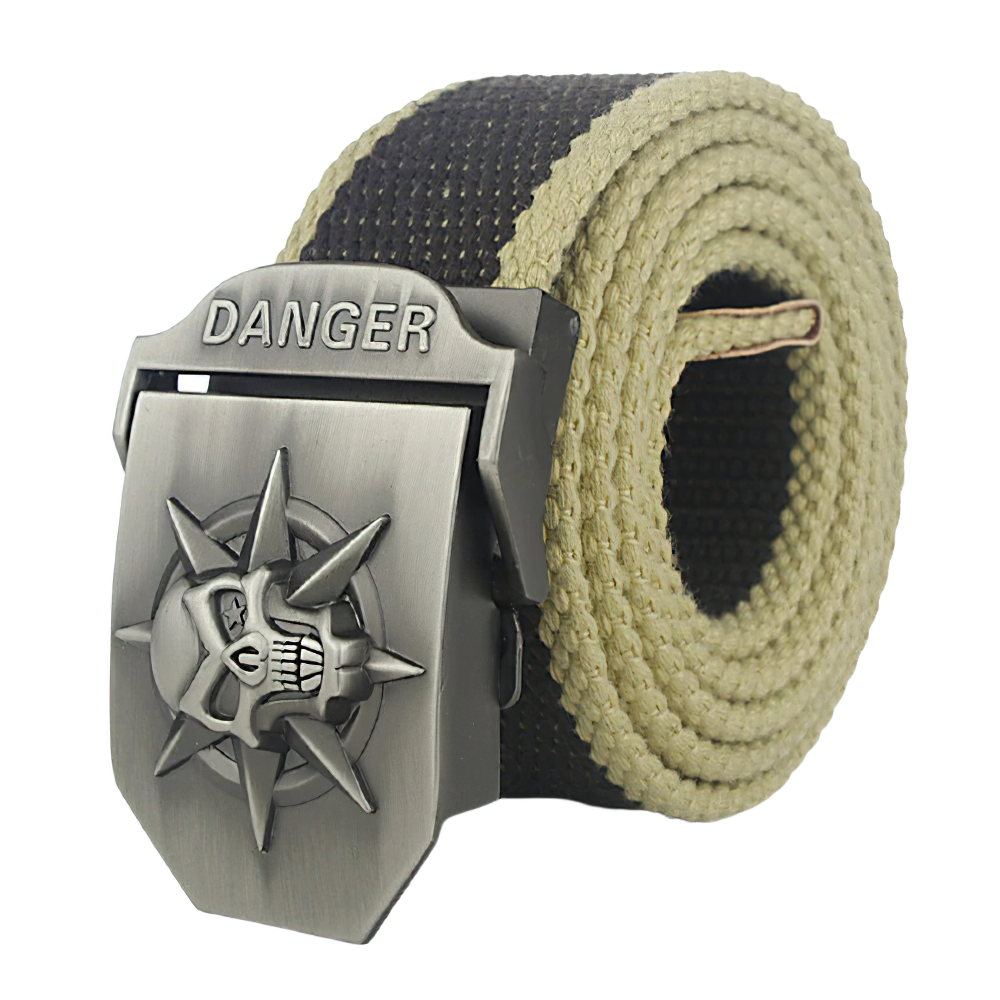 Vintage unisex canvas belt with punk skull buckle and 'DANGER' engraving for edgy fashion lovers.