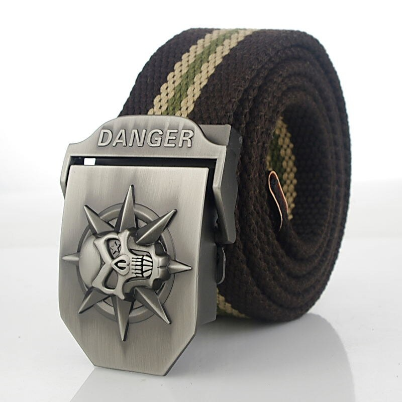 Punk unisex canvas belt with a skull buckle and danger label, perfect for adding edge to any outfit.