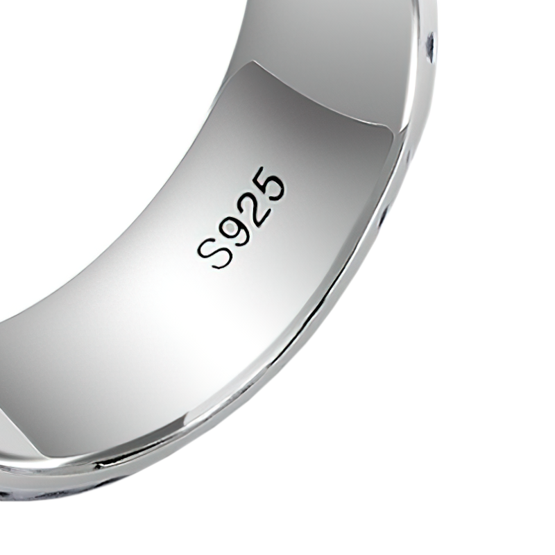 Close-up of a vintage unisex sterling silver ring featuring S925 mark, showcasing its quality and shine.