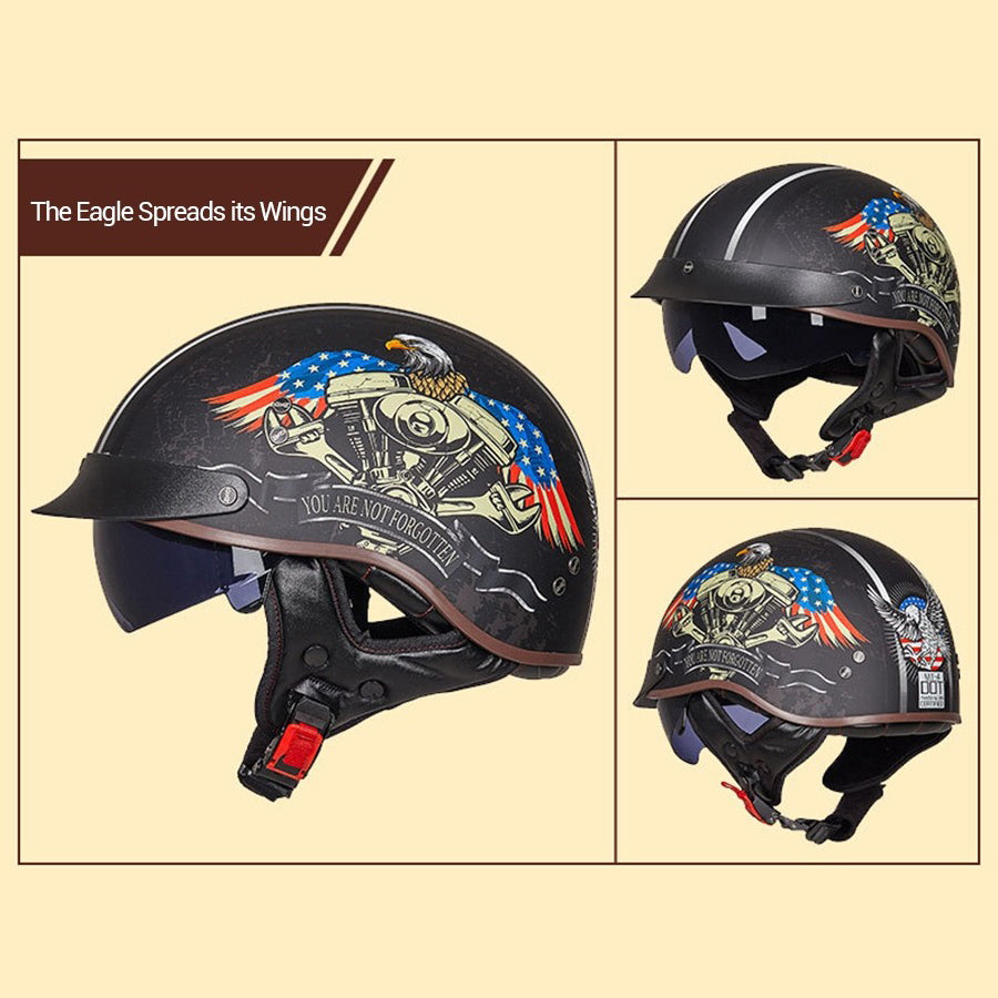 Vintage USA Eagle half face biker helmet with eagle design and patriotic colors, perfect for style and protection.
