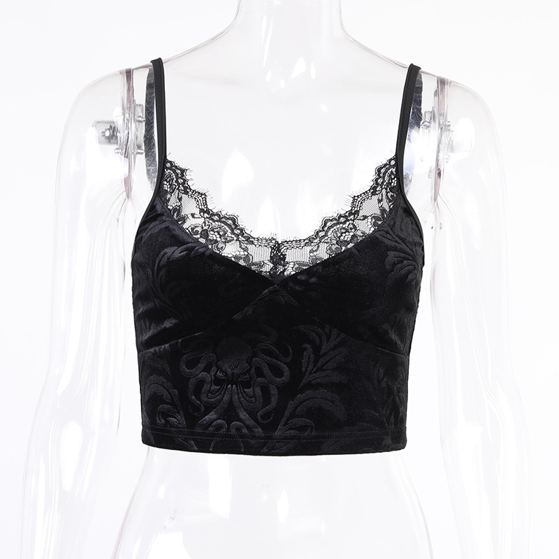 Vintage velvet black women's crop top with lace trim, perfect for gothic outfits and elegant styles.