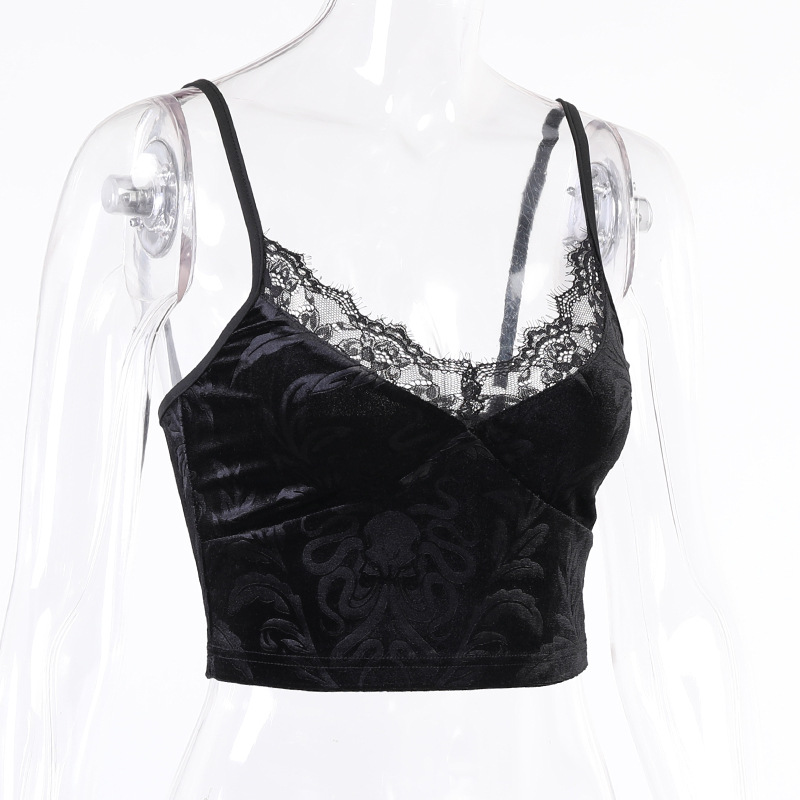 Vintage black velvet crop top with lace trim, perfect for modern gothic outfits and sexy looks.