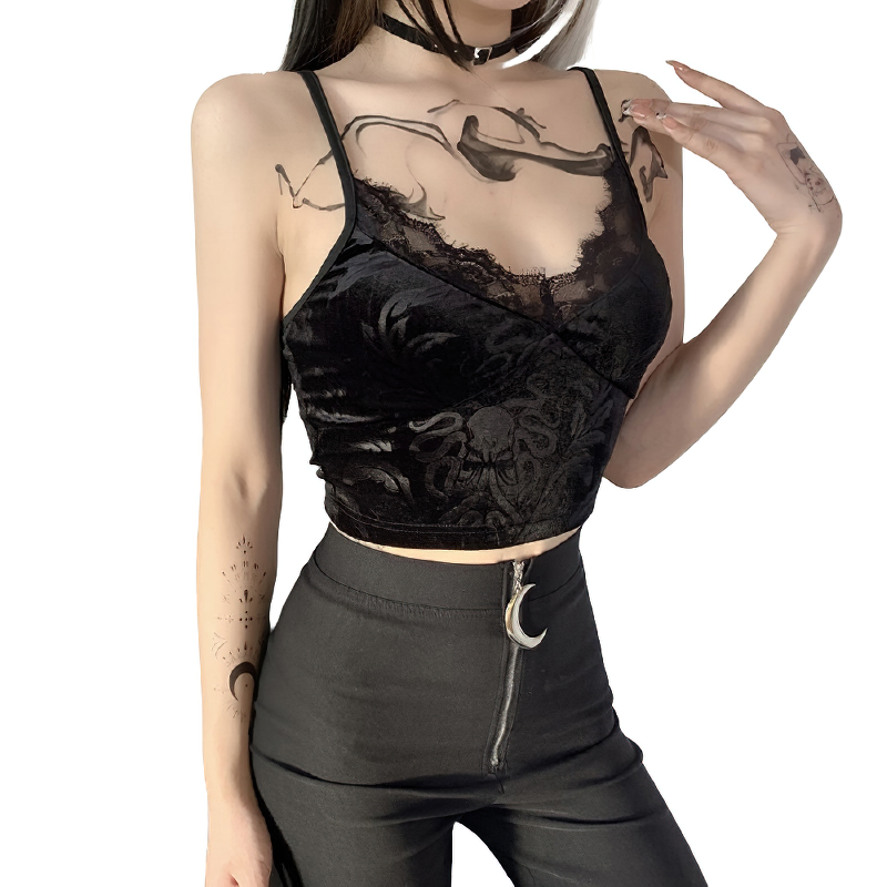 Vintage velvet black women's crop top with sexy lace trim, perfect for modern gothic outfits.