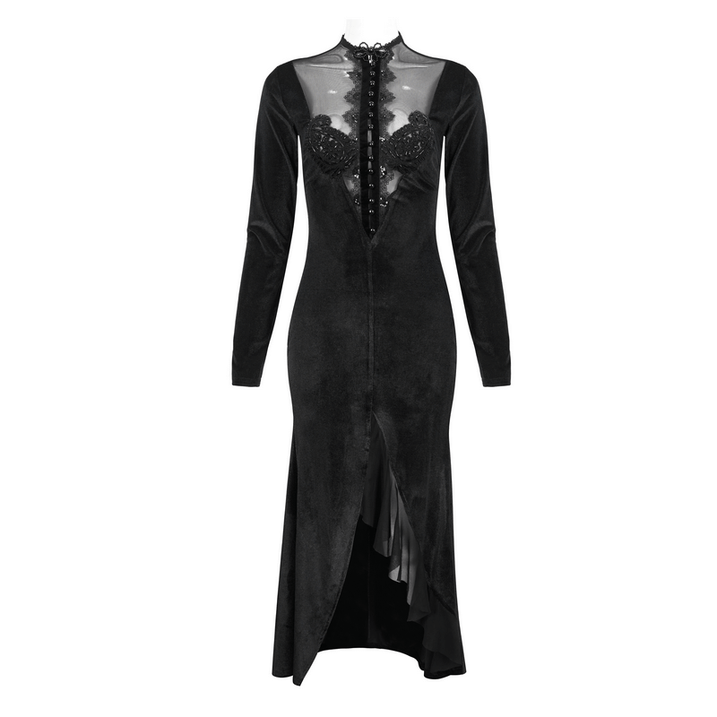 Vintage Velvet Slit FishtaiI Dress with Lace Applique / Gothic See-through Neck Long Sleeves Dress