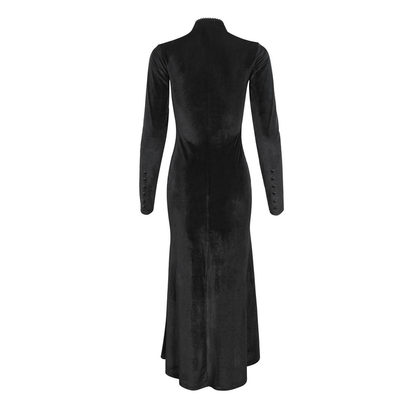 Vintage Velvet Slit FishtaiI Dress with Lace Applique / Gothic See-through Neck Long Sleeves Dress