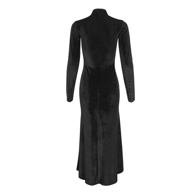 Back view of a vintage velvet gothic dress with long sleeves and lace detailing.