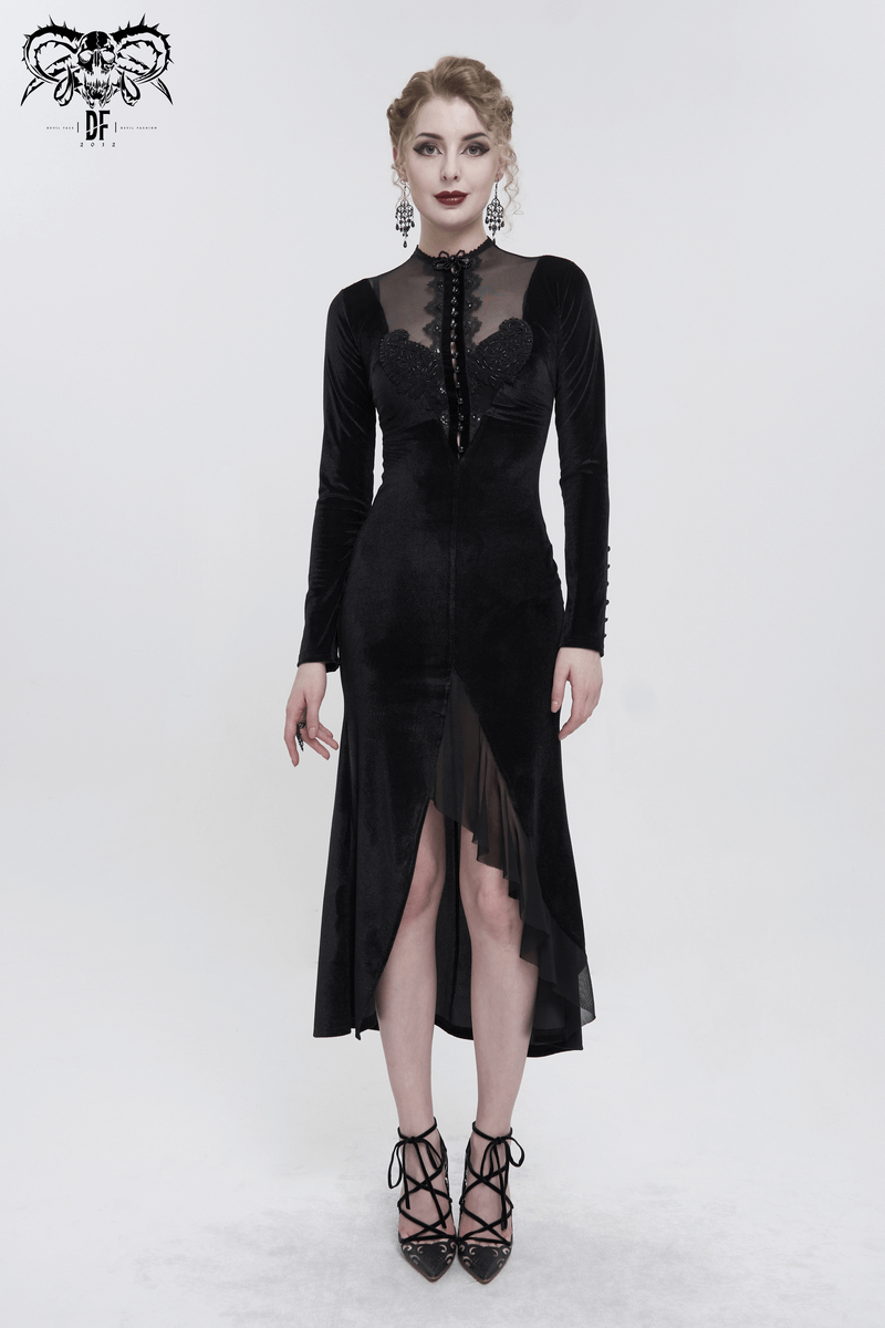 Vintage Velvet Slit Fishtail Dress with Lace Applique for a gothic look, featuring long sleeves and a seductive design.