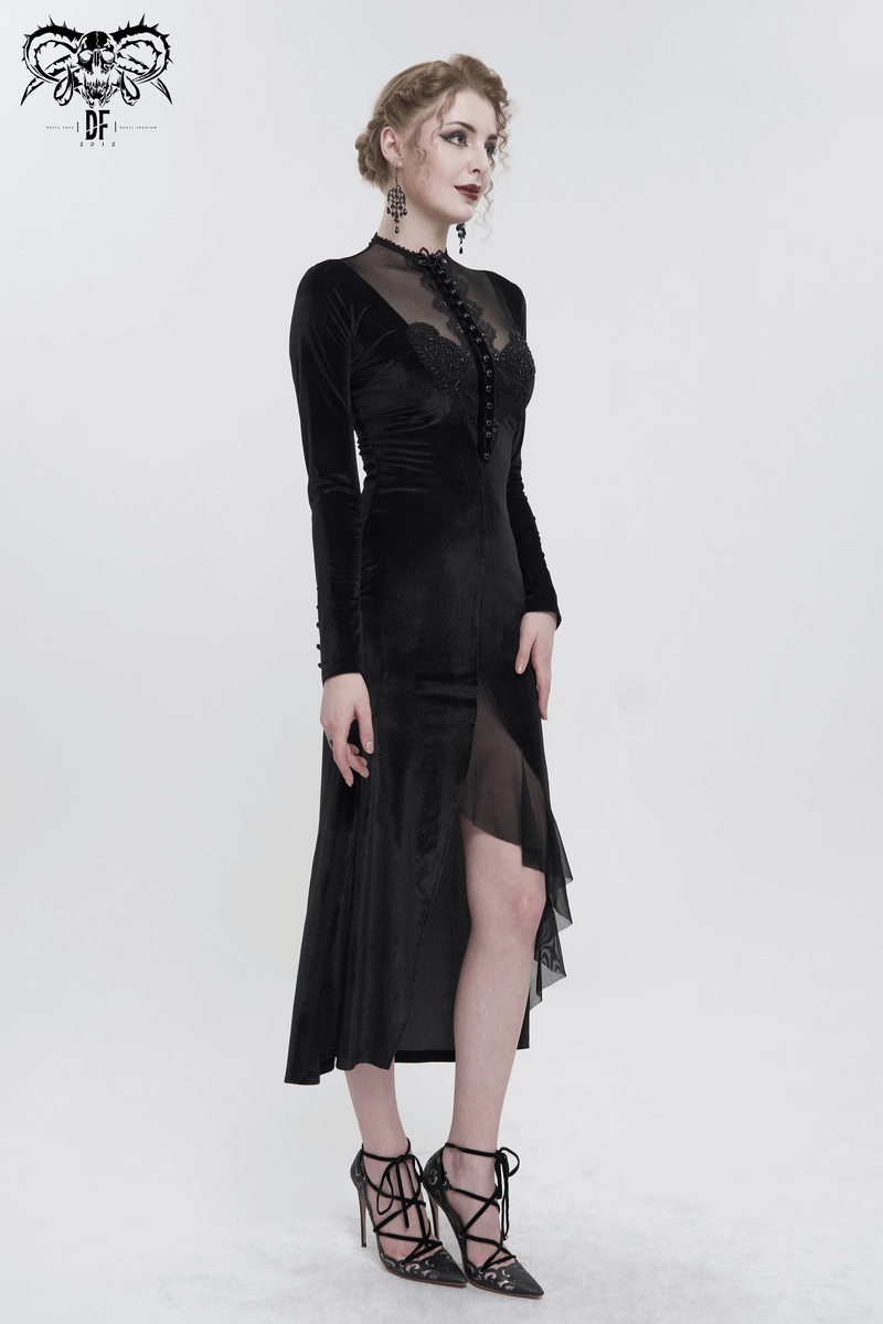 Vintage velvet dress with lace applique, long sleeves, and fishtail slit for a gothic look.