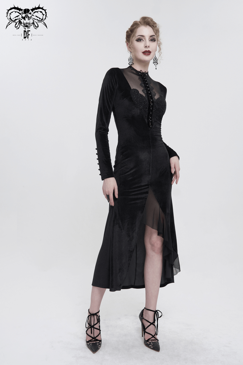 Vintage velvet slit fishtail dress with lace applique and long sleeves for gothic elegance.