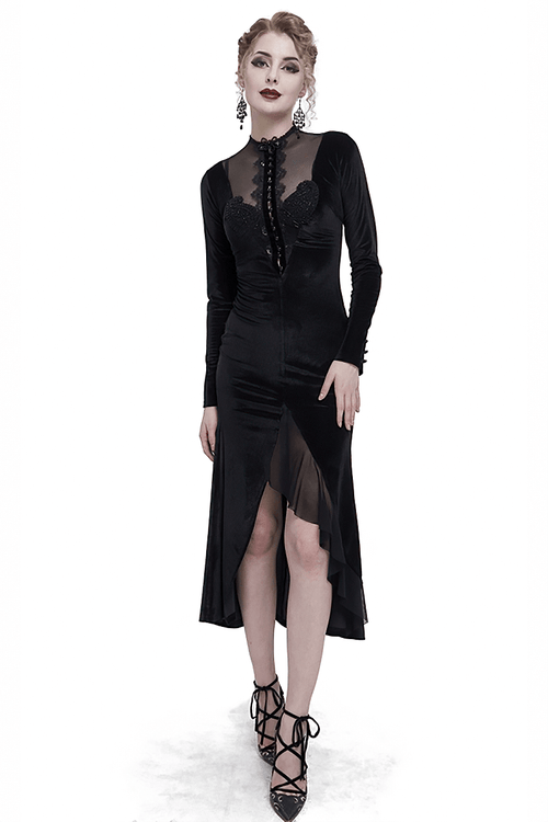 Vintage Velvet Slit FishtaiI Dress with Lace Applique / Gothic See-through Neck Long Sleeves Dress