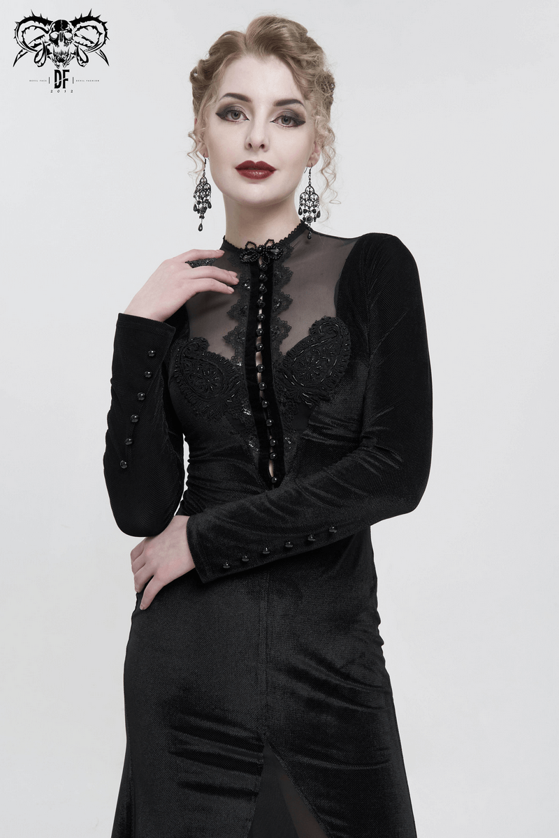 Elegant woman in a vintage velvet black dress with lace appliques and long sleeves for gothic style outfits.