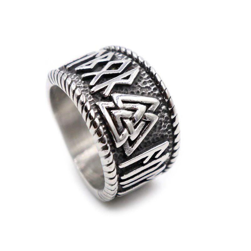 Vintage Viking stainless steel ring featuring intricate Celtic symbols, perfect unisex jewelry for gothic style.