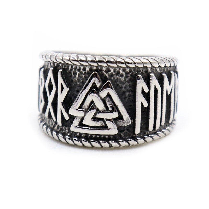 Vintage Viking stainless steel ring featuring Celtic symbols, perfect unisex jewelry for a gothic style.