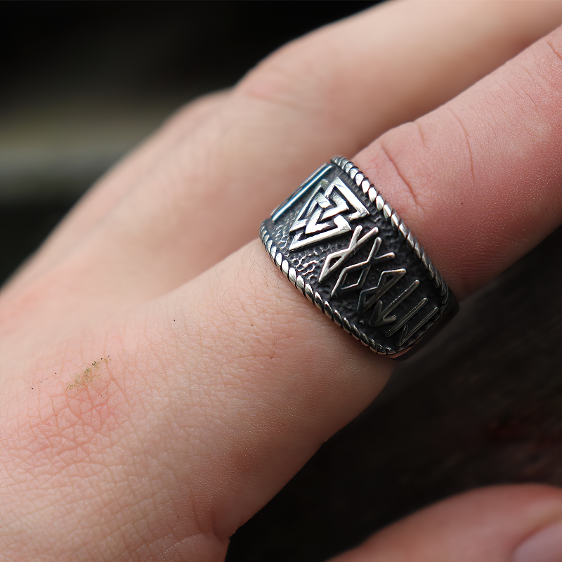Vintage Viking stainless steel ring featuring Celtic symbols, perfect unisex jewelry for gothic style.