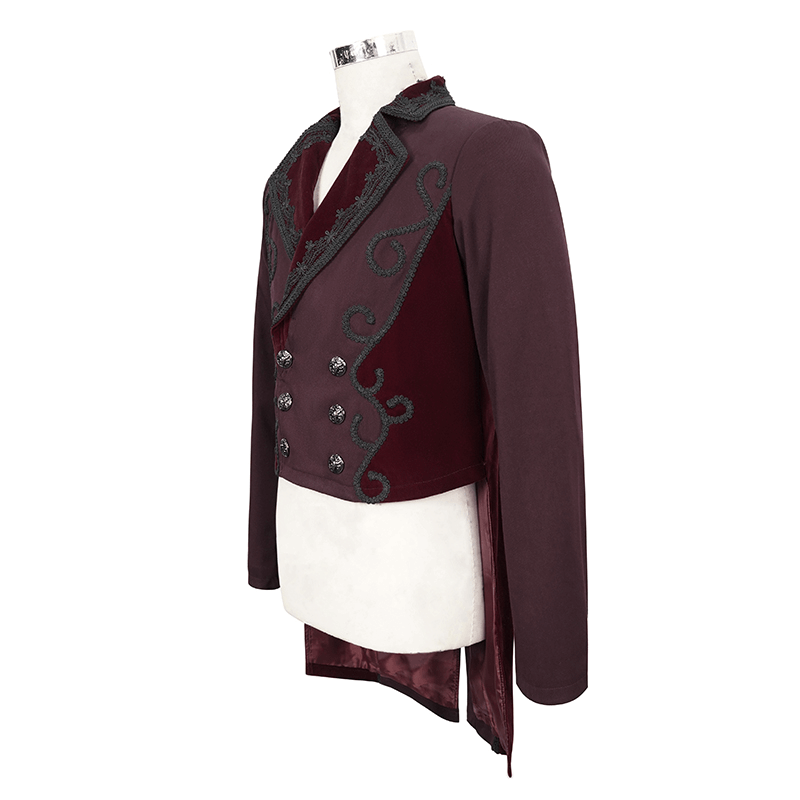 Vintage wine red double-breasted tail coat with stylish buttons, perfect for Gothic elegance.