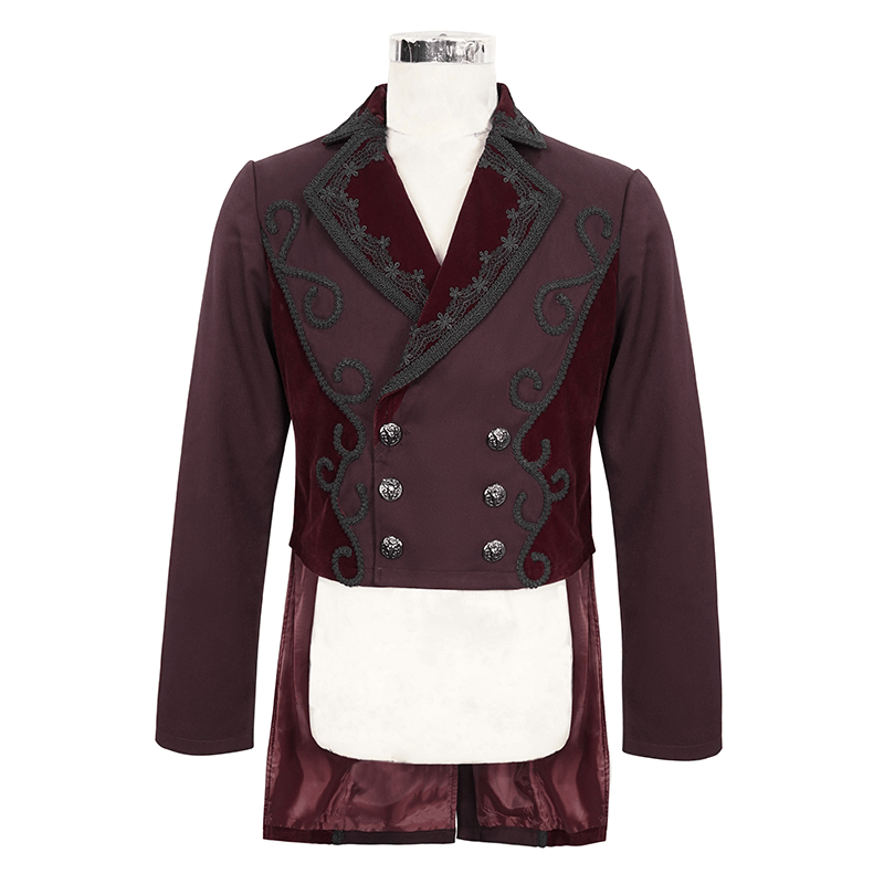 Vintage wine red double-breasted tail coat for men with stylish snap buttons and Gothic detailing.
