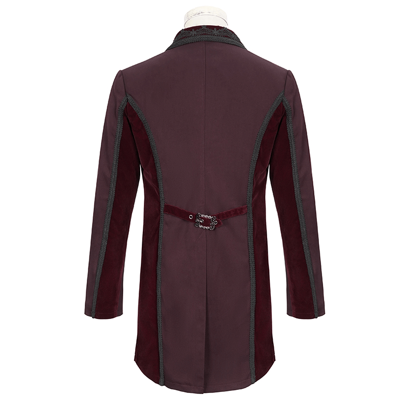 Back view of a vintage wine red double-breasted tail coat for men with snap buttons in gothic style.