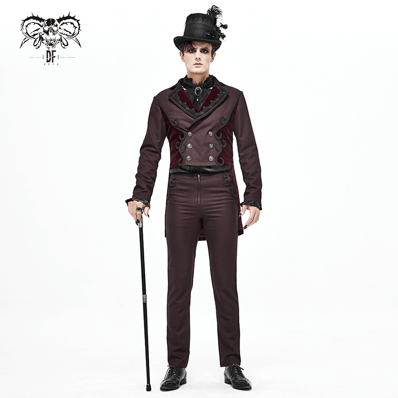 Man in vintage wine red double-breasted tail coat with stylish buttons and top hat, exuding Gothic elegance.