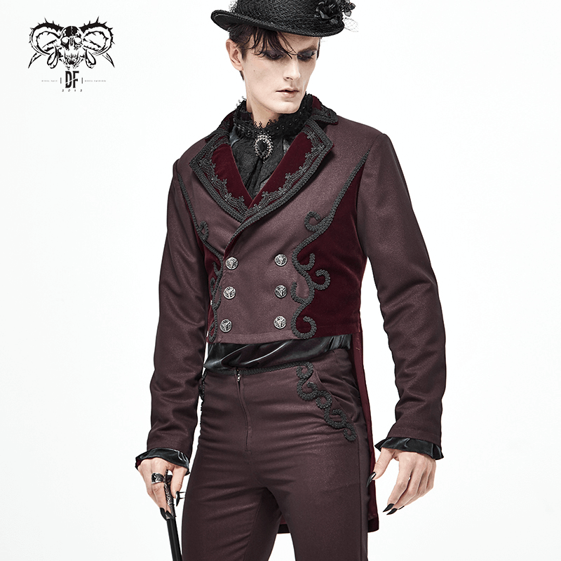 Vintage Wine Red Double-Brasted Tail Coat with Snap Buttons / Gothic Style Elegant Clothing For Men